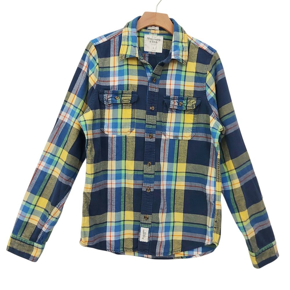 Abercrombie & Fitch Muscle Fit Flannel Shirt Mens Large Blue Yellow Plaid Preppy